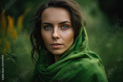 Close-up of a beautiful woman with striking baby green eyes, wearing a flowing green scarf, against a background of tall green grass, generative ai