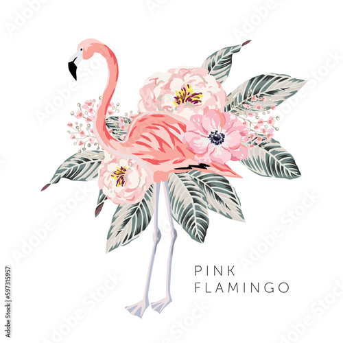 Tropical pink flamingo  peony flowers  leaves  white background. Print for t shirt  card  poster. Vector illustration with text. Summer beach floral design with bird