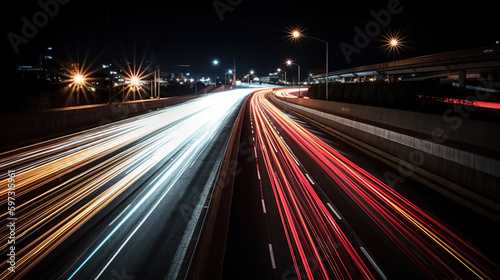 Traffic on an Highway Over pass or fly-over with motionblurred head lights, generative ai