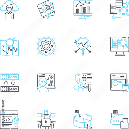 Vast data insights linear icons set. Analytics, Big data, Business intelligence, Dashboards, Insights, Machine learning, Prediction line vector and concept signs. Reporting,Visualization,Algorithms