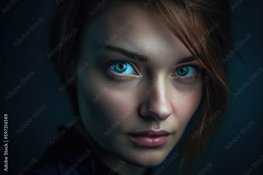 Close-up portrait of a beautiful woman with dark blue-green background, her eyes glistening with a hint of mystery, generative ai