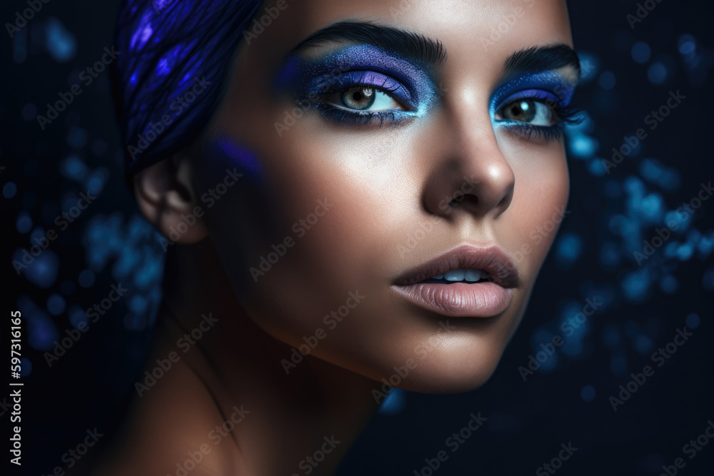 close-up portrait of a beautiful woman with indigo lips, flawless skin, and eyes that seem to hold secrets, set against a gradient background of indigo and silver, generative ai
