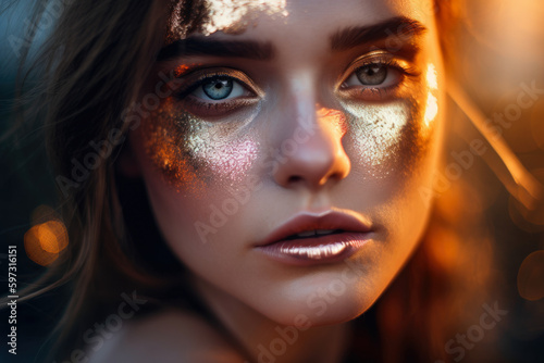 Close-up of a woman's face in metallic makeup with a blurred sunset background, generative ai