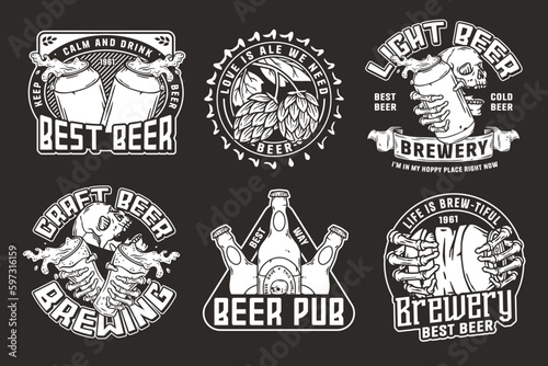 Beer set of designs with beer cap, can, hop, skeleton and bottle. Skull, beer glass, barly, bone hand and bottle for brewery or bar. Craft beer vector logos or emblems for pub and store