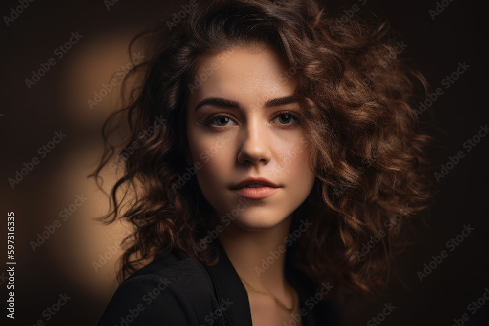 Close-up portrait of a gorgeous woman with curly dark brown hair, wearing a sleek black outfit, standing in front of a beige background with a hint of golden light, generative ai Close-up portrait of a gorgeous woman with curly dark brown hair, wearing a sleek black outfit, standing in front of a beige background with a hint of golden light, generative ai