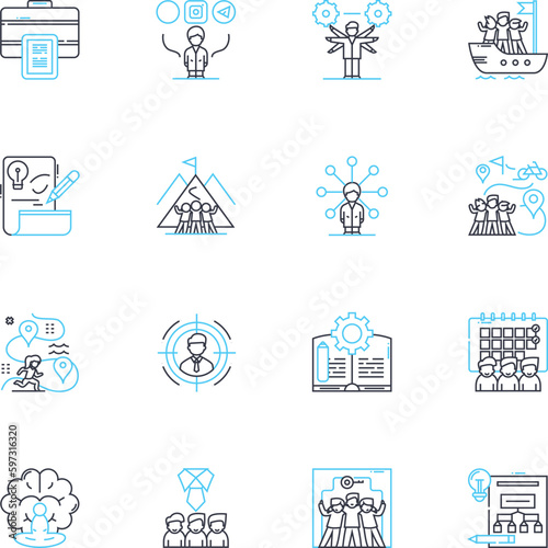 Task completion linear icons set. Finish, Accomplish, Success, Fulfillment, Goal, Achievement, Completion line vector and concept signs. Execution,Result,Conclude outline illustrations