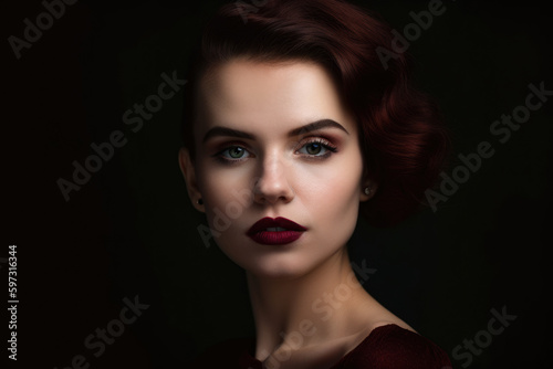 close-up portrait of a gorgeous woman with dark red lipstick  flawless complexion  and intense gaze  set against a dark red textured background  generative ai