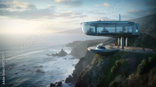 Experience Ultimate Luxury: A Glass-Encased Smart Home with Sweeping Ocean Views, Retractable Helipad & High-Performance Electric Sports Car, Generative ai