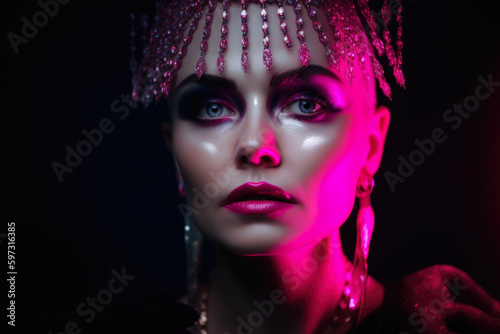 Close-up portrait of a gorgeous woman with striking neon pink makeup and crystal accessories  against a black background  generative ai