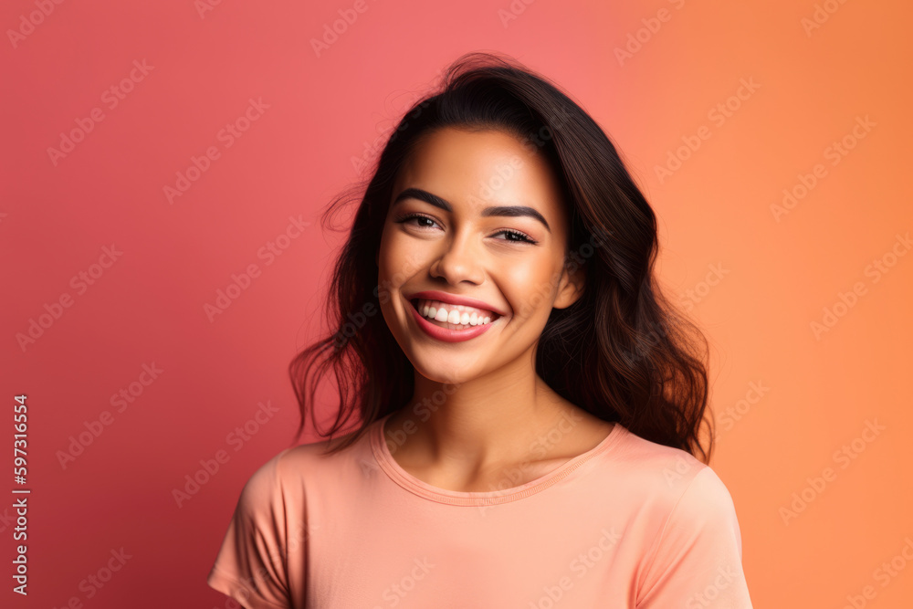 confident and poised woman with a radiant smile and rosy cheeks, standing against a gradient background of pink and orange, generative ai confident and poised woman with a radiant smile and rosy cheeks, standing against a gradient background of pink and orange, generative ai