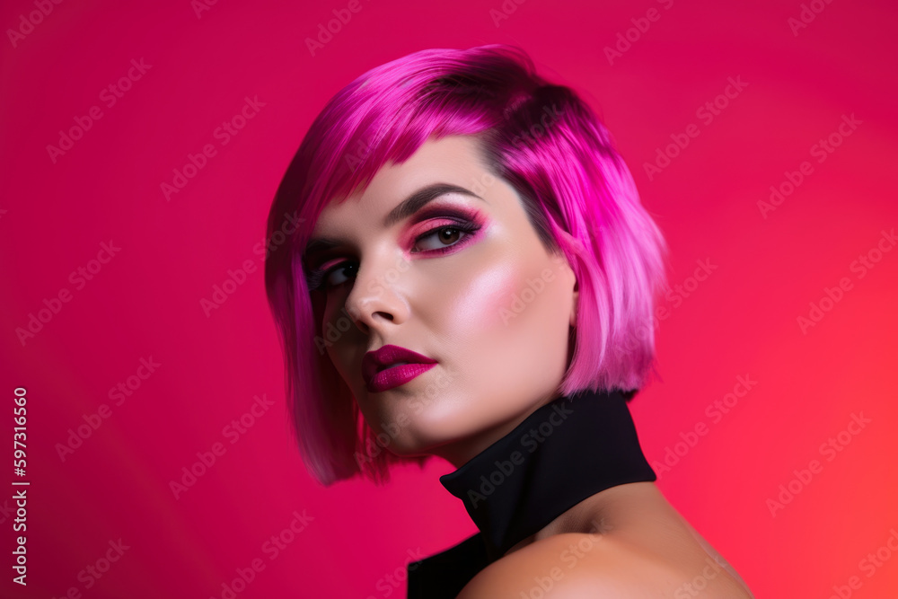 Confident woman with bold pink eyeshadow and a chic bob, exuding strength and power against a hot pink background that commands attention, generative ai Confident woman with bold pink eyeshadow and a chic bob, exuding strength and power against a hot pink background that commands attention, generative ai