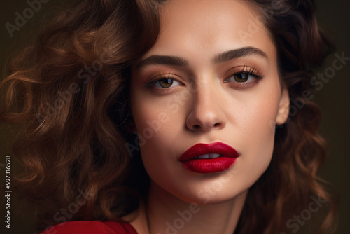 Close-up portrait of a stunning woman with wavy brown hair and a tan complexion wearing a vibrant red lipstick, generative ai
