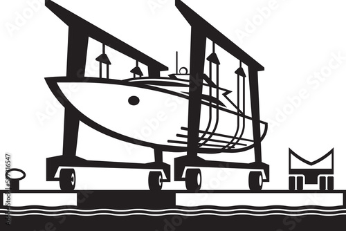 Mobile boat hoist moving yacht  to the sea - vector illustration
