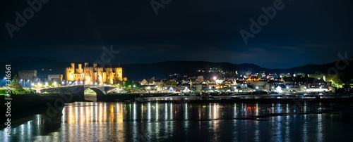 Conwy panorama at night with Conwy castle. Wales