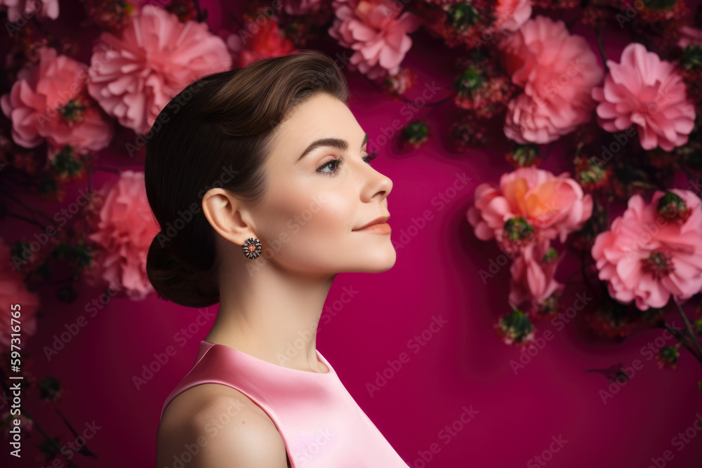 Elegant woman with a sophisticated updo and a subtle smile, standing gracefully against a bright pink backdrop resembling a blooming flower garden, generative ai