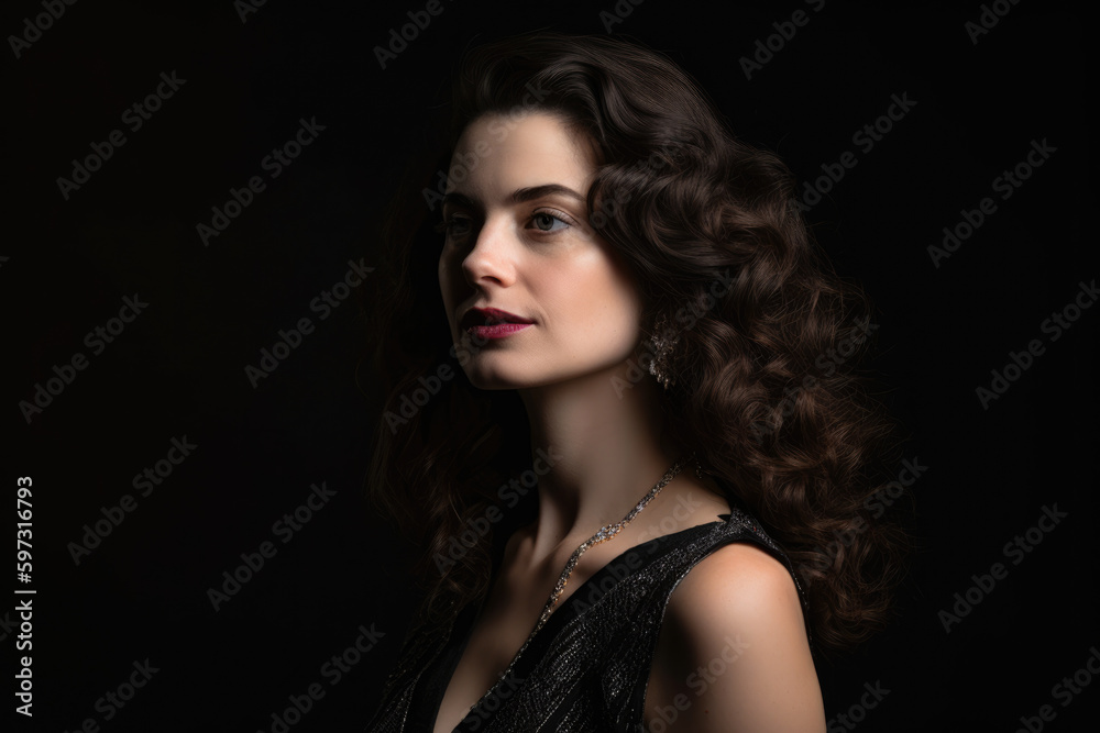 Elegant woman with long curly hair wearing a black dress and diamond earrings, standing in front of a black background with a subtle pattern, generative ai Elegant woman with long curly hair wearing a black dress and diamond earrings, standing in front of a black background with a subtle pattern, generative ai
