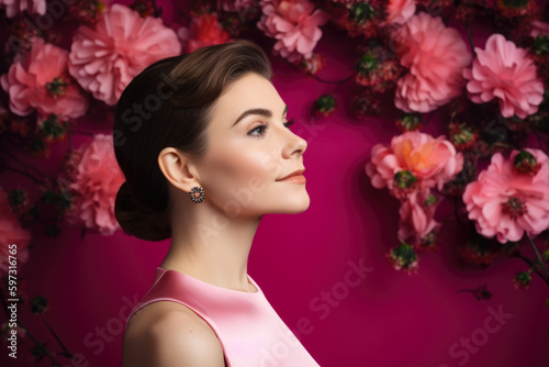 Elegant woman with a sophisticated updo and a subtle smile, standing gracefully against a bright pink backdrop resembling a blooming flower garden, generative ai © aicandy