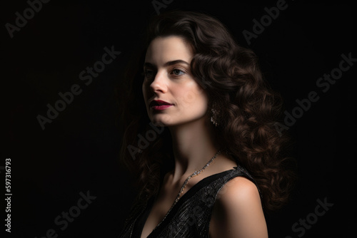 Elegant woman with long curly hair wearing a black dress and diamond earrings, standing in front of a black background with a subtle pattern, generative ai
