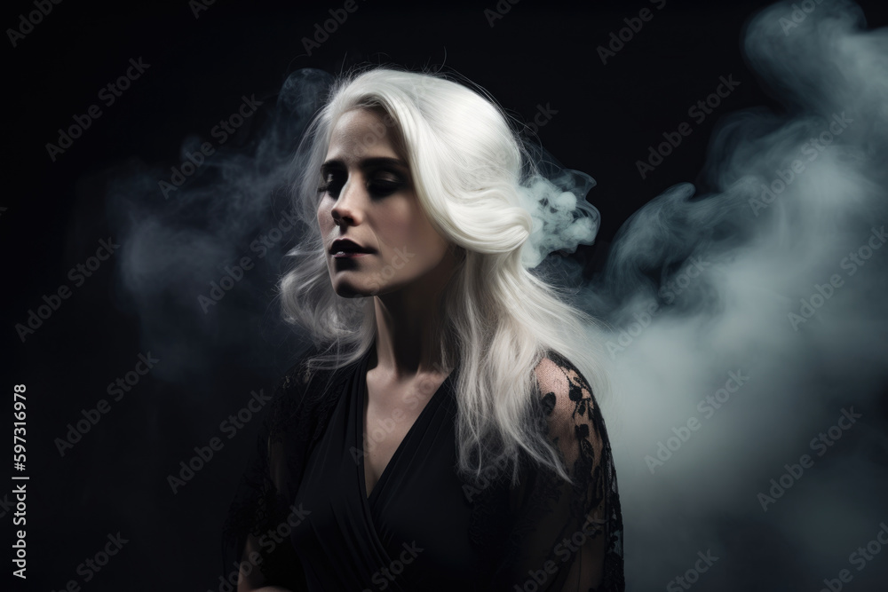 Ethereal woman with pale skin and long white hair wearing a black tulle dress and standing against a black backdrop with smoke and mist, generative ai