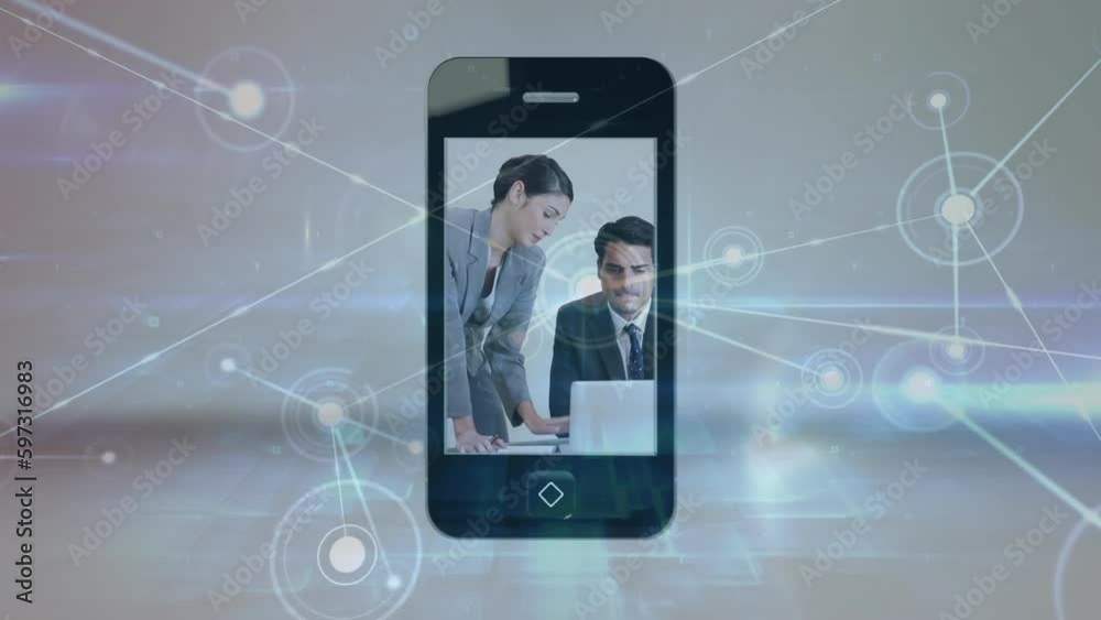 Animation of network of connections over diverse business people on smartphone screen Animation of network of connections over diverse business people on smartphone screen