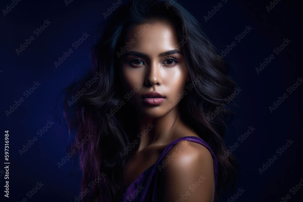 Exotic beauty with dark brown hair and striking features, standing against a deep blue background with a hint of purple, generative ai Exotic beauty with dark brown hair and striking features, standing against a deep blue background with a hint of purple, generative ai