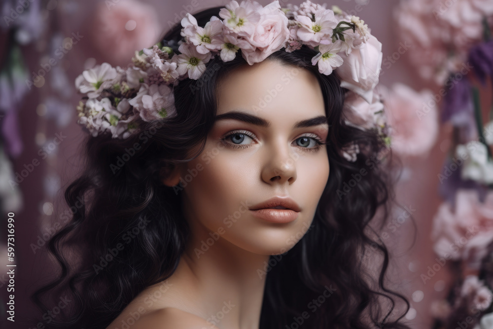 Ethereal woman with dark brown hair and soft features, adorned with delicate white flowers in her hair, against a pastel pink and purple background, generative ai Ethereal woman with dark brown hair and soft features, adorned with delicate white flowers in her hair, against a pastel pink and purple background, generative ai