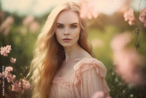 Ethereal beauty of a woman in pale pink dress, with soft waves of golden hair framing her delicate features, standing in a blooming field with a dreamy expression on her face, generative ai
