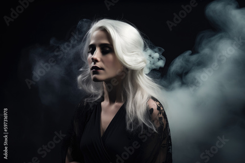 Ethereal woman with pale skin and long white hair wearing a black tulle dress and standing against a black backdrop with smoke and mist  generative ai