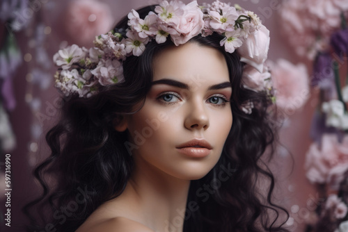 Ethereal woman with dark brown hair and soft features  adorned with delicate white flowers in her hair  against a pastel pink and purple background  generative ai