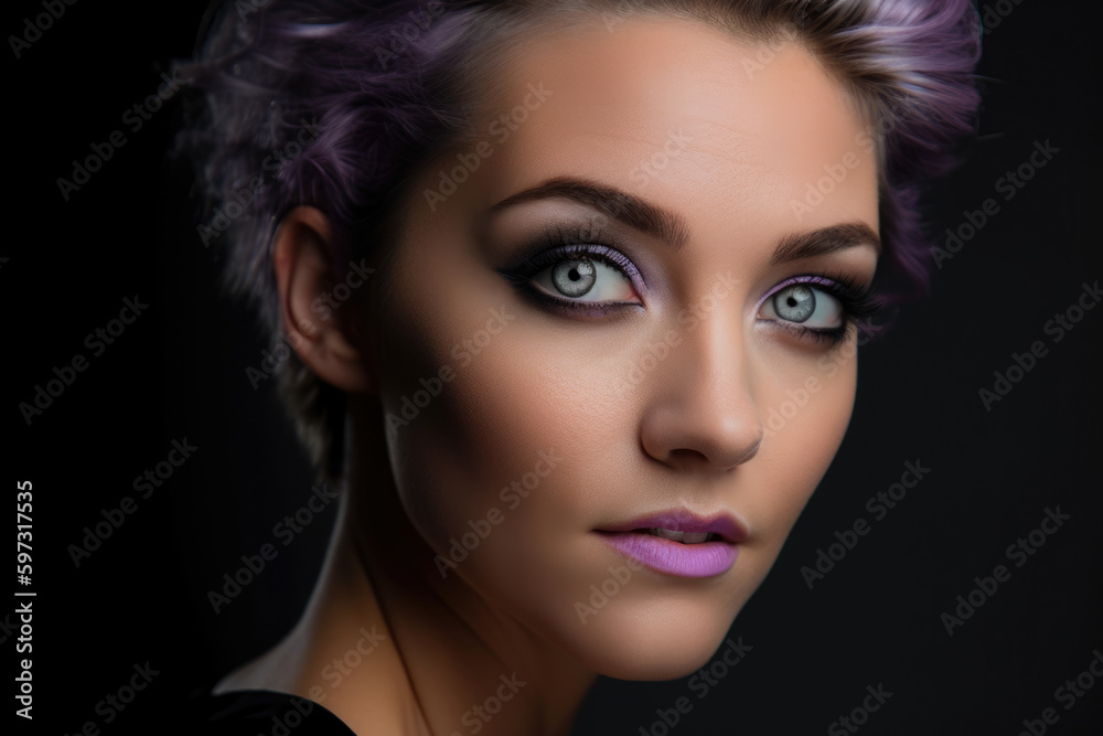Headshot of a beautiful woman with captivating lavender eyes and dramatic black eyeliner against a lavender-purple background, generative ai Headshot of a beautiful woman with captivating lavender eyes and dramatic black eyeliner against a lavender-purple background, generative ai