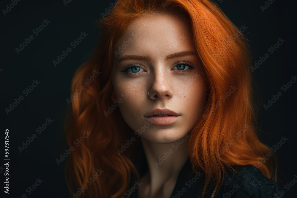 Fototapeta premium Headshot of a radiant woman with glowing skin and neon orange hair, set against a minimalist background, generative ai