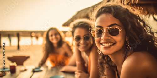 Happy women in sunglasses at sunny beach bar. Young people celebrating summertime party. Summer vacations concept. digital ai 