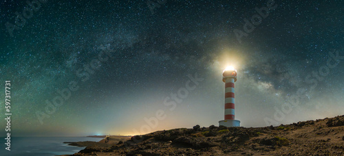 Panoramic view with the Milky Way arch from Sardina lighthouse, Gáldar, Gran Canaria