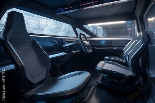 Interior of advanced driverless vehicle. Generative AI © Cybele