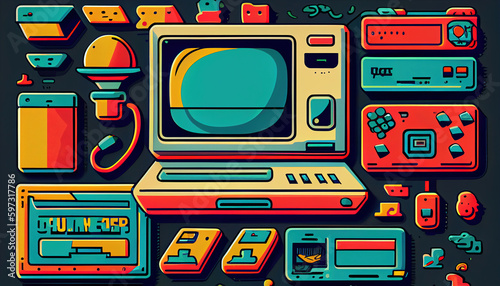 Vintage desktop PC design pattern retro style background. Futuristic Vintage desktop PC, game 90s. Generative AI.