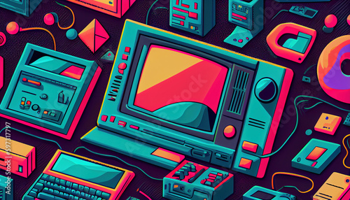 Vintage desktop PC design pattern retro style background. Futuristic Vintage desktop PC, game 90s. Generative AI.