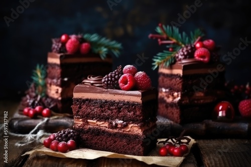 decadent chocolate cake topped with fresh raspberries and rich chocolate frosting. Generative AI