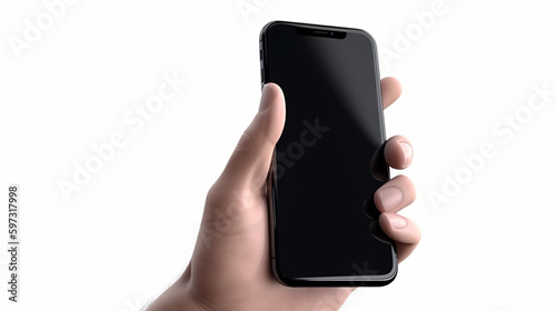 Hand holding black smartphone with thumbs up gesture, isolated on white background Generative AI