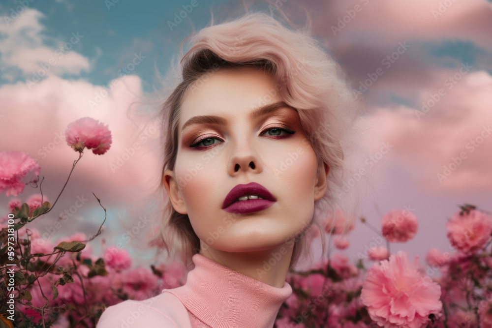 Fototapeta premium Portrait of a beautiful woman with bright pink lipstick and eyeshadow, posing against a backdrop of a soft pink sky with clouds and a field of pink flowers, generative ai