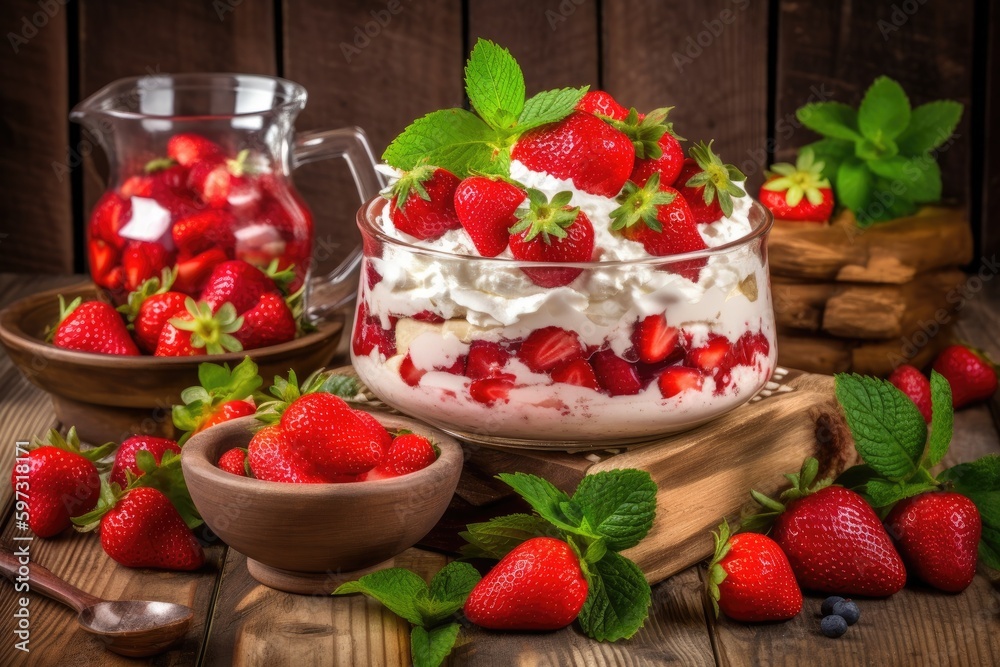 wooden table with a bowl of fresh strawberries. Generative AI wooden table with a bowl of fresh strawberries. Generative AI