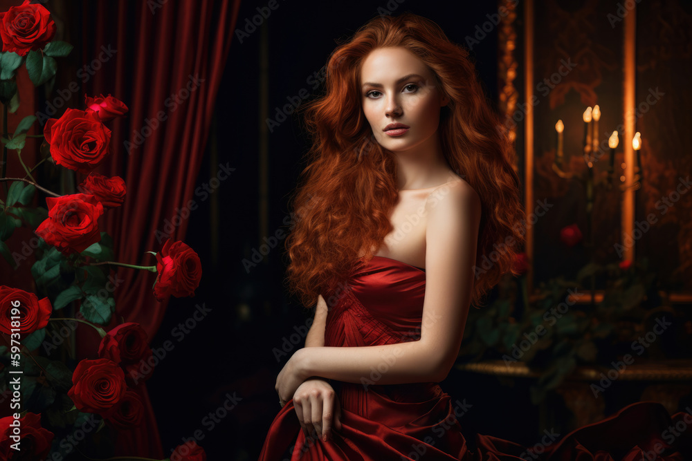 Portrait of a beautiful woman with flowing red hair, wearing a red gown ...