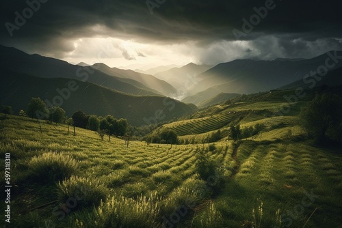 Mountainous agricultural landscape with storm clouds. Generative AI © Lyra