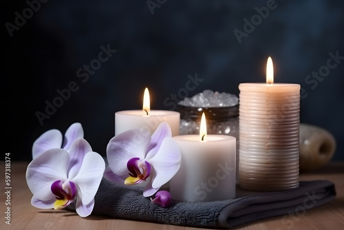 Spa still life with aromatic candles, zen stones, plants and orchids flower. Generative AI