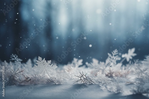 Winter holiday background with delicate snowflakes and space for text. Generative AI