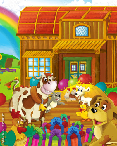 Fototapeta Naklejka Na Ścianę i Meble -  cartoon scene with cow having fun on the farm on white background - illustration for children