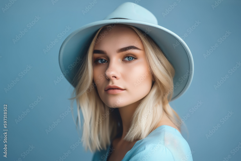 Portrait of a beautiful woman with straight blonde hair, wearing a sky blue hat against a clear sky blue background, generative ai Portrait of a beautiful woman with straight blonde hair, wearing a sky blue hat against a clear sky blue background, generative ai