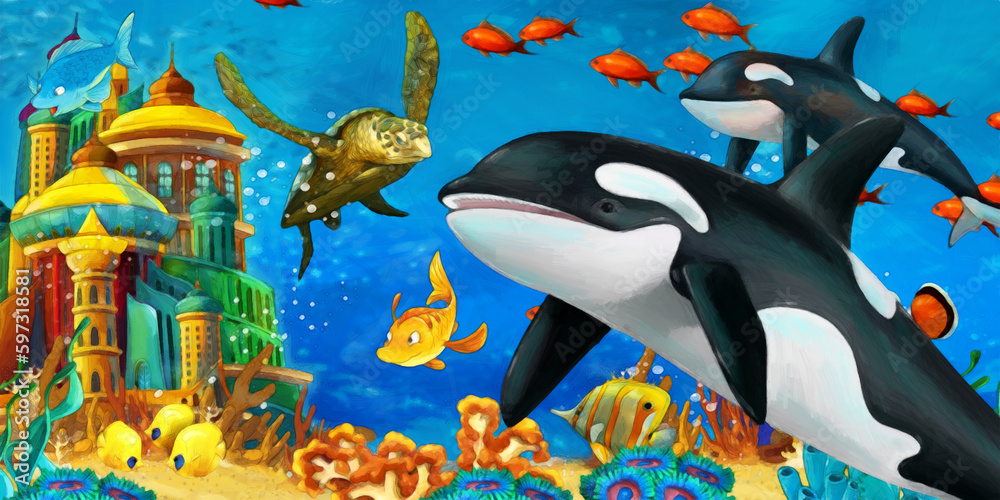 Naklejka premium cartoon scene animals swimming on colorful and bright coral reef - illustration for children