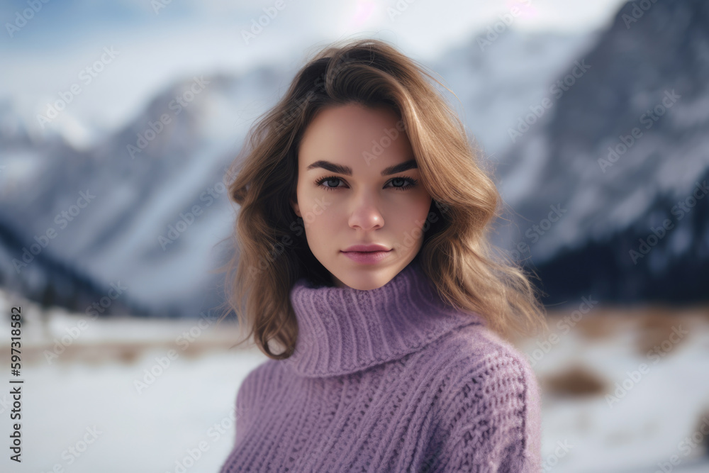 Portrait of a captivating woman with lilac blush, wearing a lilac sweater and posing against a snowy mountain background, generative ai Portrait of a captivating woman with lilac blush, wearing a lilac sweater and posing against a snowy mountain background, generative ai