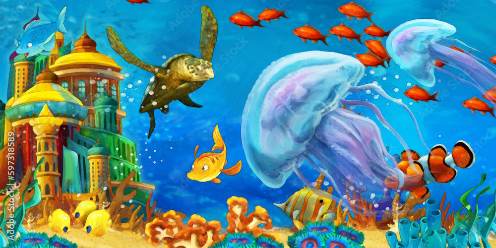 Fototapeta premium cartoon scene animals swimming on colorful and bright coral reef - illustration for children