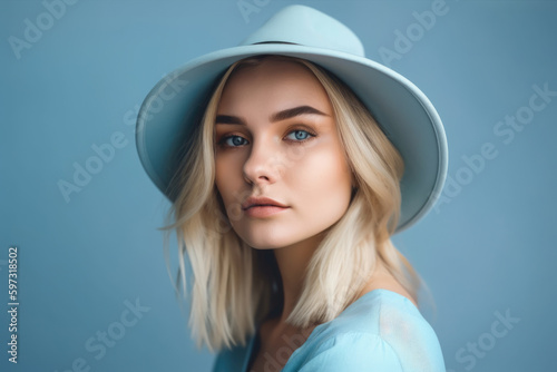 Portrait of a beautiful woman with straight blonde hair, wearing a sky blue hat against a clear sky blue background, generative ai © aicandy